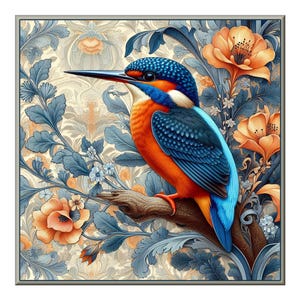 William Morris Ceramic Tile, Songbird #5.  A ceramic tile mural of a kingfisher on a floral background in the style of William Morris.