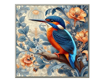 William Morris Ceramic Tile, Songbird #5.  A ceramic tile mural of a kingfisher on a floral background in the style of William Morris.