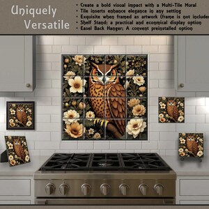 a kitchen with a unique, multi-tiered tile mural of an owl surrounded by flowers and greenery. The mural is displayed on the wall above a stove, creating a visually striking and artistic focal point in the kitchen.