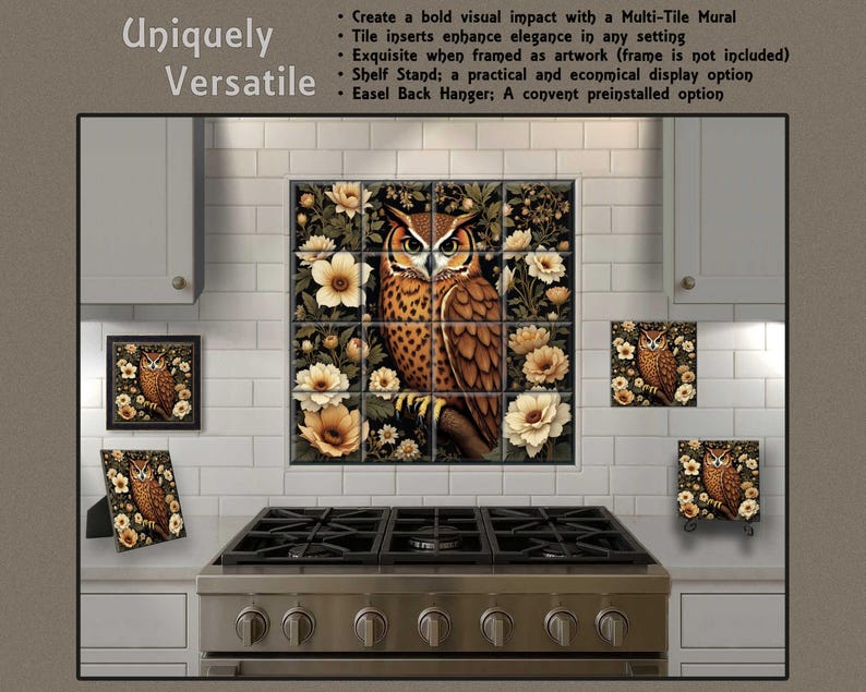 a kitchen with a unique, multi-tiered tile mural of an owl surrounded by flowers and greenery. The mural is displayed on the wall above a stove, creating a visually striking and artistic focal point in the kitchen.