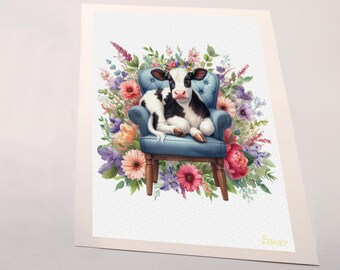 A Set of 3 Canvas Prints. Original Art; Comfy Cow Collection.  Ready to frame 8 x 10 canvas prints.  A cow in a chair with flowers.