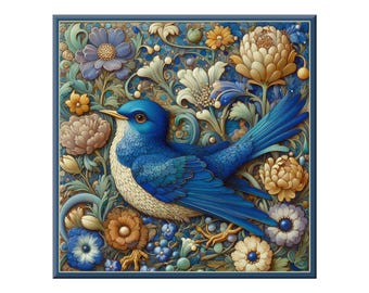 William Morris Ceramic Tile, Songbird #7.  A ceramic tile mural of a bluebird on a floral background in the style of William Morris.