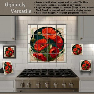 a kitchen with a large, colorful mural of red poppies on the wall above a stove. The mural is a unique, eye-catching design that adds a touch of artistry to the kitchen space.