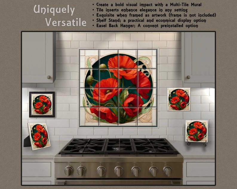 a kitchen with a large, colorful mural of red poppies on the wall above a stove. The mural is a unique, eye-catching design that adds a touch of artistry to the kitchen space.