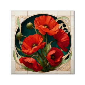 A square tile with a floral design featuring vibrant red poppies surrounded by green leaves and stems.