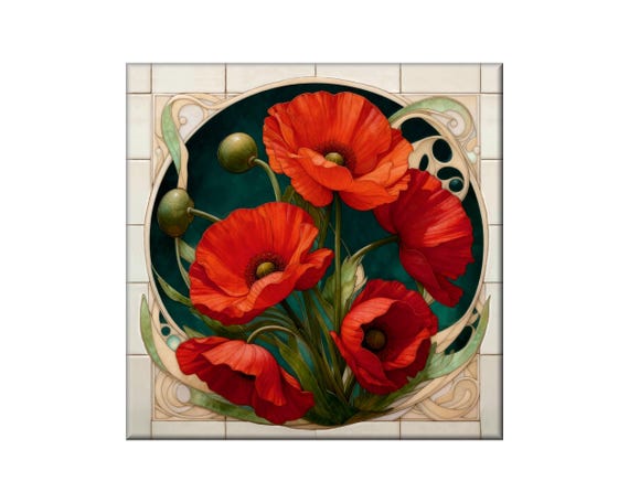 Floral Ceramic Art Tile: Glossy Finish, Vibrant Red Poppies