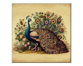 Ceramic Tile Mural, Vintage Peacock #2.  A ceramic tile mural of a peacock in a vintage setting in the style of Audubon.
