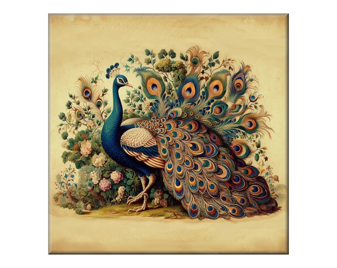 Featured listing image: Ceramic Tile Mural, Vintage Peacock #2.  A ceramic tile mural of a peacock in a vintage setting in the style of Audubon.