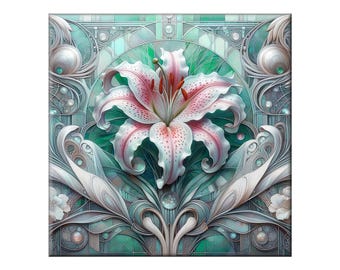 Ceramic Tile Mural, Art Nouveau  #100.  A ceramic tile mural of flowers against a flowing, floral background.