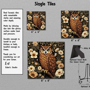 The image is a collage of three images featuring a brown owl surrounded by flowers. The owl is the central focus of each image, with varying sizes and frames. The text provides information about the artwork, including details about the materials used and the dimensions of the artwork.