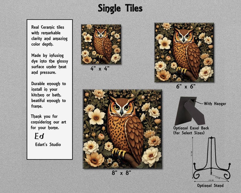 The image is a collage of three images featuring a brown owl surrounded by flowers. The owl is the central focus of each image, with varying sizes and frames. The text provides information about the artwork, including details about the materials used and the dimensions of the artwork.