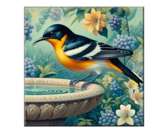 William Morris Ceramic Tile, Songbird #27.  A ceramic tile mural of a songbird on a floral background in the style of William Morris.