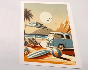 A Set of 3 Canvas Prints. Original Art; Grovin at the Beach Collection.  Ready to frame 8 x 10 canvas prints.  Mid-century modern beach art.