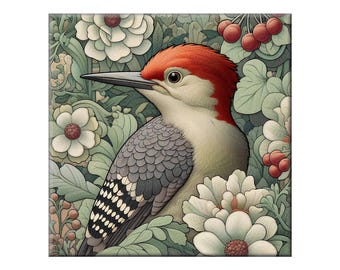 Backsplash Art Tile, Woodpecker #1.  A ceramic tile mural of a Woodpecker surround by flowers in the style of William Morris.