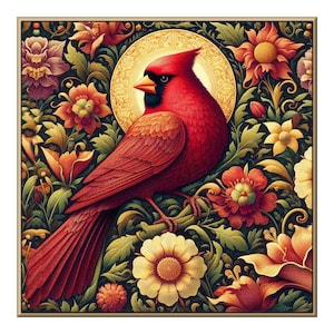 May include: A vibrant square artwork featuring a red cardinal bird perched amidst a lush floral arrangement. The bird has a black beak and a red crest, set against a golden halo. The flowers are in shades of red, yellow, and orange, with green foliage.