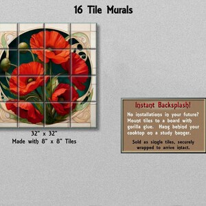 The image is a collage of two images: a large tile mural of red poppies on a white background, and a smaller sign warning that no installations will be made in the future and that the tiles will be mounted on a board with gorilla glue, and hung behind the cooktop on a study hanger.