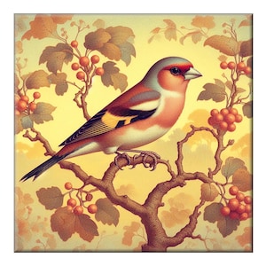 William Morris Ceramic Tile Mural - Songbird #14.  Great for a backsplash, a colorful finch in the style of William Morris.