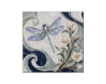 Waterjet Marble Mosaic Replica - Ceramic Tile Mural: Silver Dragonfly, Art Nouveau