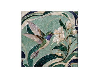 Waterjet Marble Mosaic Replica - Ceramic Tile Mural: Art Nouveau Hummingbird