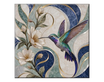 Waterjet Marble Mosaic Replica - Ceramic Tile Mural: Art Nouveau Irrdescent Hummingbird