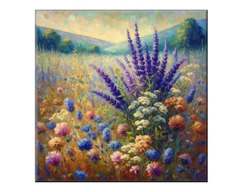 William Morris Ceramic Tile, Lavender #3.  A ceramic tile mural of a lavender bush surrounded by wildflowers in the style of William Morris.