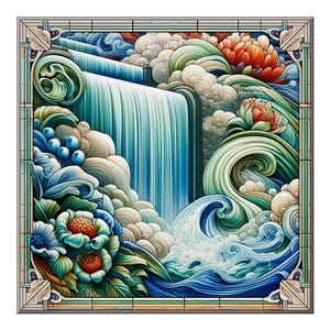 Art Nouveau Waterfall Ceramic Tile Mural: Glossy Interior Wall Art