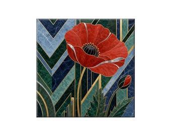 Waterjet Marble Mosaic Replica - Ceramic Tile Mural: Art Deco Poppy on Chevron Background