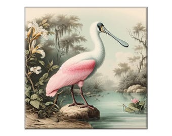 Audubon Ceramic Tile, Waterbird #3.  A ceramic tile mural of a Roseate Spoonbill in the style of John James Audubon.