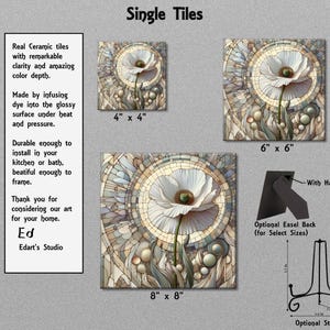 The image is a collage of three images featuring a single large, detailed stained glass-style flower. The images are labeled with their respective sizes and the artist Edad's Studio. The text provides information about the ceramic tiles, including their real ceramic material, the ability to dye into a glossy surface, and their durability. The image also includes a diagram of a stand for the ceramic tiles, along with dimensions and a note about the option to have an additional easel back.