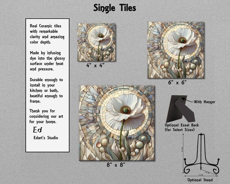 The image is a collage of three images featuring a single large, detailed stained glass-style flower. The images are labeled with their respective sizes and the artist Edad's Studio. The text provides information about the ceramic tiles, including their real ceramic material, the ability to dye into a glossy surface, and their durability. The image also includes a diagram of a stand for the ceramic tiles, along with dimensions and a note about the option to have an additional easel back.