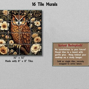 The image is a collage of two images. The first image is a large square tile depicting an owl surrounded by flowers, and the second image is a smaller rectangular tile with text.