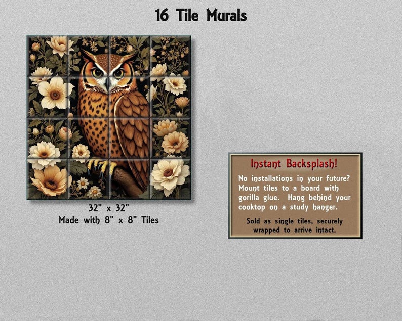 The image is a collage of two images. The first image is a large square tile depicting an owl surrounded by flowers, and the second image is a smaller rectangular tile with text.
