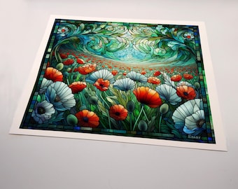 A Set of 4 Canvas Prints. Original Art; Glass Mosaic Poppy Collection #1.  Frameable 8 x 10 canvas prints.  Painting resembles mosaic.