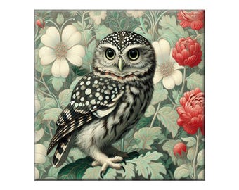 William Morris Ceramic Tile, Owl #1.  A ceramic tile mural of an owl on a floral background in the style of William Morris.
