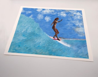 A Set of 3 Canvas Prints. Original Art; On the Nose Collection.  Ready to frame 8 x 10 canvas prints. Topless surfers hanging 10.