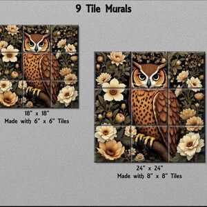 two square tiles featuring an owl surrounded by flowers. The tiles are described as "18" x "18" and "24" x "24" in terms of size, and they are made with either 6" x 6" or 8" x 8" tiles. The tiles are arranged in a grid pattern, with the owl positioned in the center of each tile.