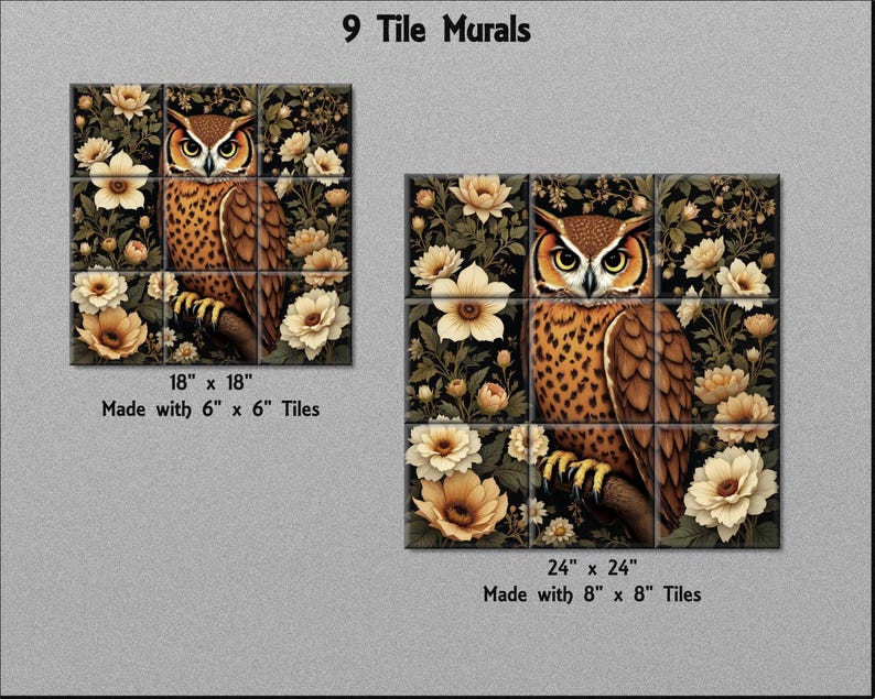 two square tiles featuring an owl surrounded by flowers. The tiles are described as "18" x "18" and "24" x "24" in terms of size, and they are made with either 6" x 6" or 8" x 8" tiles. The tiles are arranged in a grid pattern, with the owl positioned in the center of each tile.