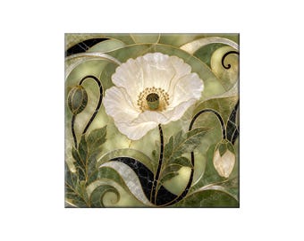 Floral Ceramic Tile Mural, Marble Look Backsplash Art (Gloss Finish)