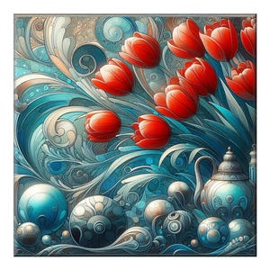 Ceramic Tile Mural, Art Nouveau  #105.  A ceramic tile mural of flowers against a flowing, floral background.