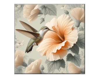 William Morris Ceramic Tile, Hummingbird #7.  A ceramic tile mural of a hummingbird and a hibiscus bloom  in the style of William Morris.