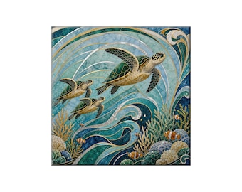 Waterjet Marble Mosaic Replica - Ceramic Tile Mural: Sea Turtles in an Underwater Seascape