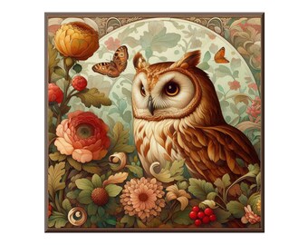 William Morris Ceramic Tile, Owl #3.  A ceramic tile mural of an owl on a floral background in the style of William Morris.