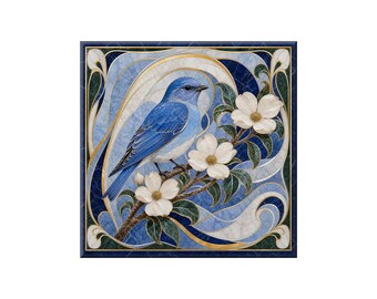 Waterjet Marble Mosaic Replica - Ceramic Tile Mural: Art Nouveau Mountain Bluebird