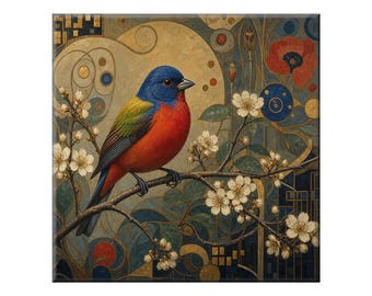 Ceramic Wall Tile: Painted Bunting Bird - Glossy or Satin Finish