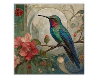 Ceramic Tile Mural: Hummingbird on Art Nouveau Floral - Gloss or Satin Finish