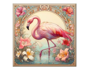 Backsplash Art Tile, Flamingo # 2.  A ceramic tile mural of a Pink Flamingo surround by flowers in the style of William Morris.