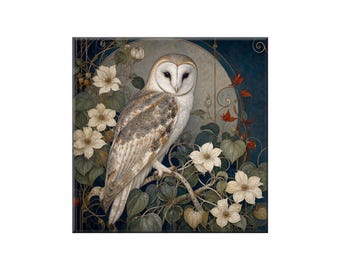Barn Owl Ceramic Tile - Floral Design with Glossy or Satin Surface