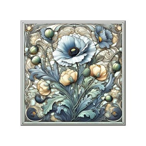 Art Nouveau Floral Ceramic Tile Mural: White Poppies Backsplash Tiles