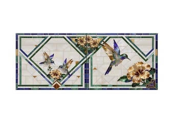 Hummingbird Ceramic Tile Mural - Wide Format: Gold and White Kitchen Backsplash Art