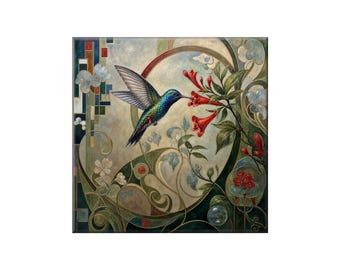 Hummingbird Ceramic Tile - Art Nouveau Floral, Gloss or Satin Finish